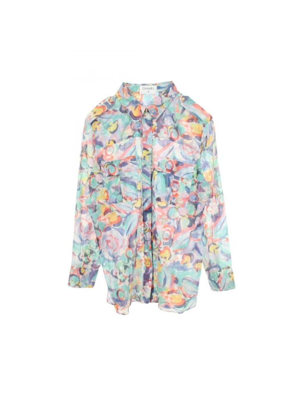 Chanel CC Logo Watercolor Pattern Long Sleeve Cotton Shirt